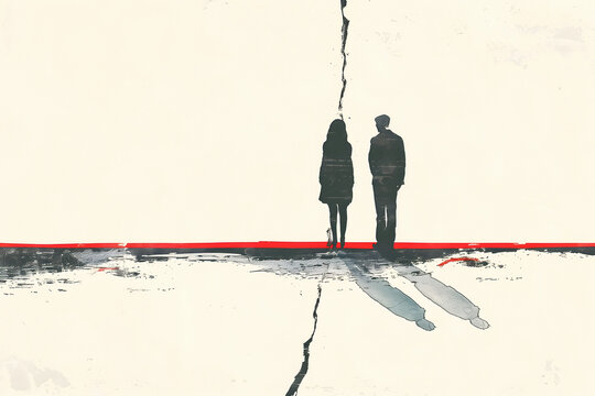 Torn Paper With Family Portrait, Couple Crisis Abstract Concept Illustration For Postcard