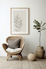Immerse in the boho-chic atmosphere modern living space, wicker chair, floor vases, and a blank mockup poster frame against a crisp white wall.