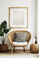 Immerse in the boho-chic atmosphere modern living space, wicker chair, floor vases, and a blank mockup poster frame against a crisp white wall.