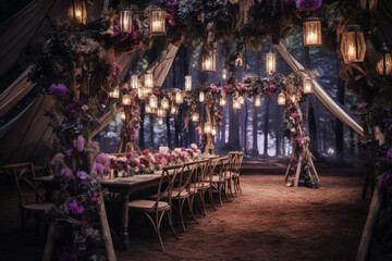 Romantic tent in the fantasy forest with flowers and lanterns.	Festive table with candles.