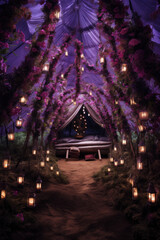Romantic tent in the fantasy forest with flowers and lanterns.	