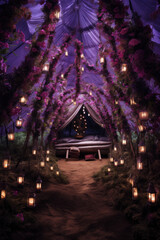 Fototapeta premium Romantic tent in the fantasy forest with flowers and lanterns. 