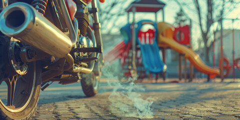 Motorcycle Parked Near a Playground on a Sunny Afternoon, Exhaust Fumes Rising, banner with copy space