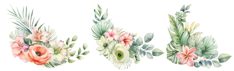 Watercolor tropical bouquet with flowers and green palm leaves isolated illustration