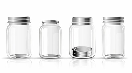 Decorative mockup of an empty glass jar and metal lid. Blank kitchen package mockup with realistic modern illustration of transparent clear close container with silver cap. - obrazy, fototapety, plakaty