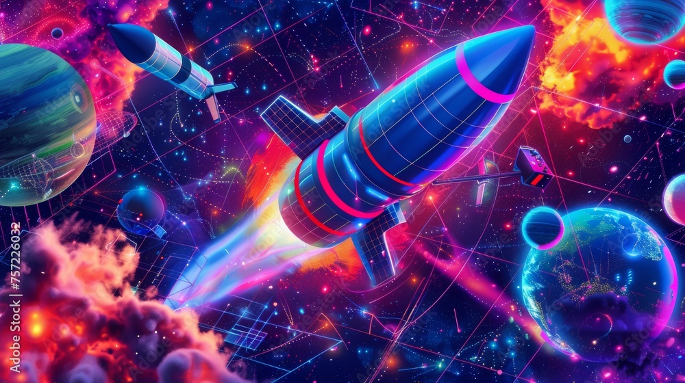 Poster y2k style space exploration poster template with 3d mesh grid elements of outer cosmos rockets, sate