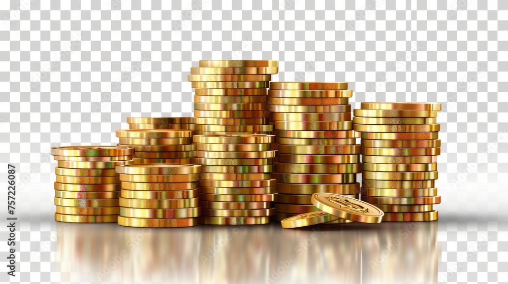 Poster a 3d stack of gold coins on a transparent background with a realistic illustration which includes a 