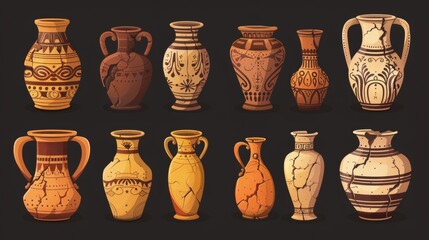 A set of ancient vases isolated on a black background. Cartoon illustration depicting cracks, ornament patterns and cracks in antiquity, a brown clay jar, an amphora, a ceramic urn, a history museum