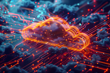 Futuristic cloud computing concept with neon light connections on dark background. Cyber technology and data storage visualization for banner and poster design