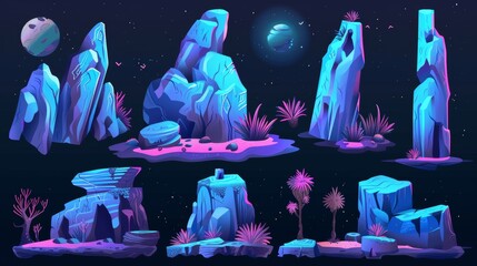 A big blue alien planet with moss, possibly a desert night stone. Modern illustration set of fantasy rock cliff for mountain landscape designs. Fantastic land terrain boulder piles and rocky canyons. - obrazy, fototapety, plakaty