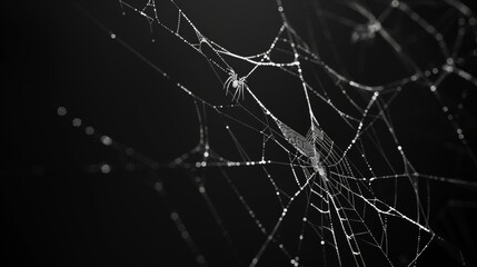 This realistic spider web background fits perfectly with Halloween theme. Modern scary spooky cobweb net on black backdrop. Creepy decoration texture with white thin sticky thread line on dark.