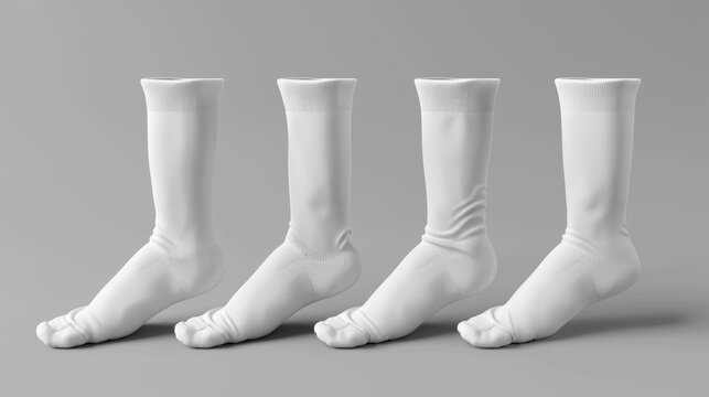 Mockup Of White Socks Of Different Heights. Realistic Modern Illustration Showing Low And Mid Toes Lying Flat On An Invisible Foot. A Simple Template Of Simple Clothes And Footwear.