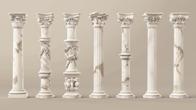 An antique roman column made from white clay. A realistic 3D modern illustration of a Greek stone pillar of a temple building. An antique marble colonnade for a historical construction decorative