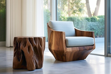 Fabric lounge chair and wood stump table in contemporary living space.
