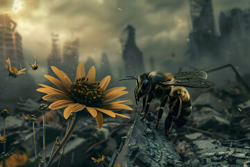 Überlebenskampf: Biene auf der letzten Blume in einer postapokalyptischen, dystopischen Umgebung
