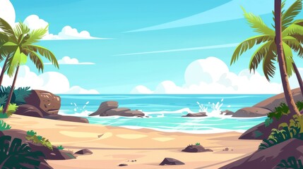 Fototapeta na wymiar Beach landscape with calm blue water, sand and rocks, palm trees and clouds. Cartoon modern of a sunny day at the beach. Empty tropical coastline.