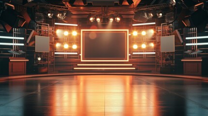 An empty stage in a studio setting equipped with an array of professional lighting equipment and...