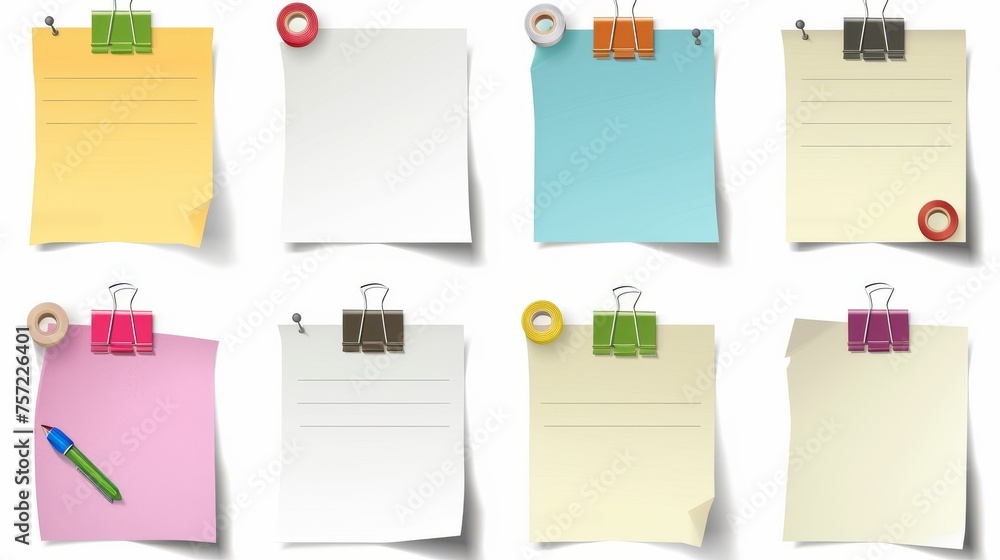 Poster a set of realistic modern illustration frames for bulletin notices, made from a set of blank note pa