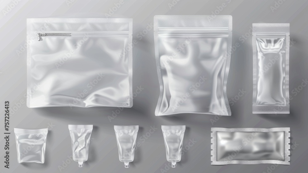 Poster this realistic modern illustration set features templates for transparent clear empty pouches with z