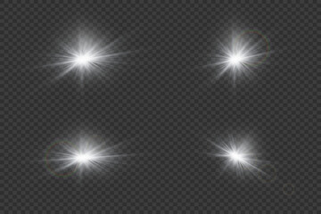Collection of white glowing light effects. Sparkling glare and shining stars, bright flashes of lights and light. On a transparent background.