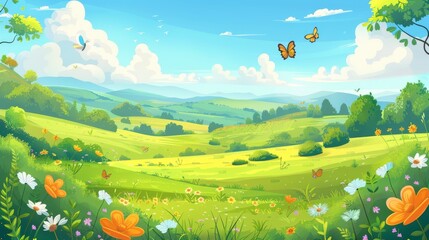 The scene is a vista of green grass on hills, trees, and bushes with butterflies flying above. The sky is filled with fluffy white clouds and the sky is blue.