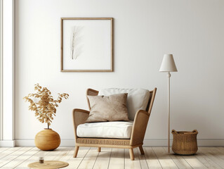 Explore the cozy elegance of a modern living room adorned with a wicker chair, floor vases, and a blank mockup poster frame against a white wall.