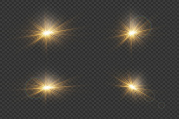Collection of glowing light effects. Sparkling glare and shining stars, bright flashes of lights and light. On a transparent background.