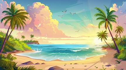 Fototapeta na wymiar The beach of a summer island in the sea with exotic palm trees, lianas and green grass, waves washing the coastline, and birds flying in a sunset sky surrounded by clouds. Modern cartoon illustration