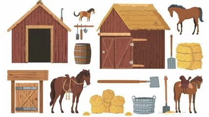 Fototapeten Set of farm animals, wooden barrels, pitchforks, shovels, buckets, fabric sacks, hay stacks, barn interior elements and metal buckets isolated on white. © Mark