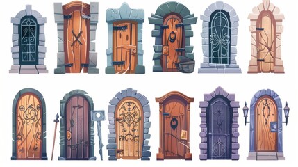 An abandoned medieval wooden door set isolated on white background. Modern cartoon illustration of dusty stone porch, cobwebs and a locked gate with an iron doorknob.
