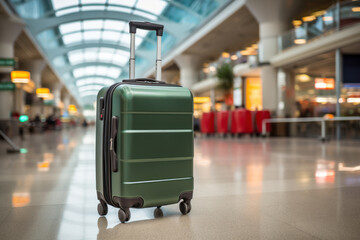 Green modern suitcase. Airport interior in the background