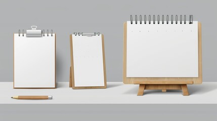 Realistic modern illustration set of a desk calendar. An empty horizontal and vertical week, month, and year calendar stands on a table with white paper and a spiral. - obrazy, fototapety, plakaty