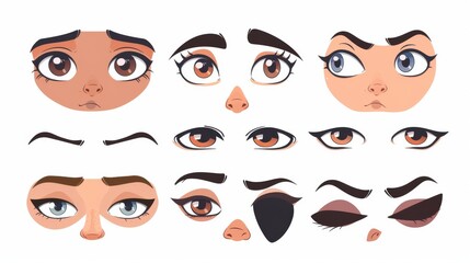 Construction kit of a woman's face with various forms of the eyes and the brows, the nose and the lips, and the haircut for animation. Modern illustration set of a girl's head generator.