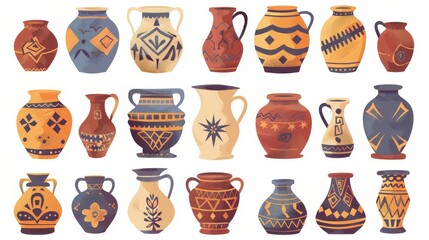 Ceramic handicraft crockery with cracks decorated with traditional patterns. Ancient pottery products with cracks decorated with traditional patterns. - obrazy, fototapety, plakaty