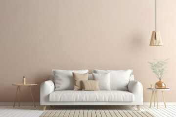 Experience the harmony of a single beige and Scandinavian sofa with a white blank empty frame for copy text, against a soft color wall background.