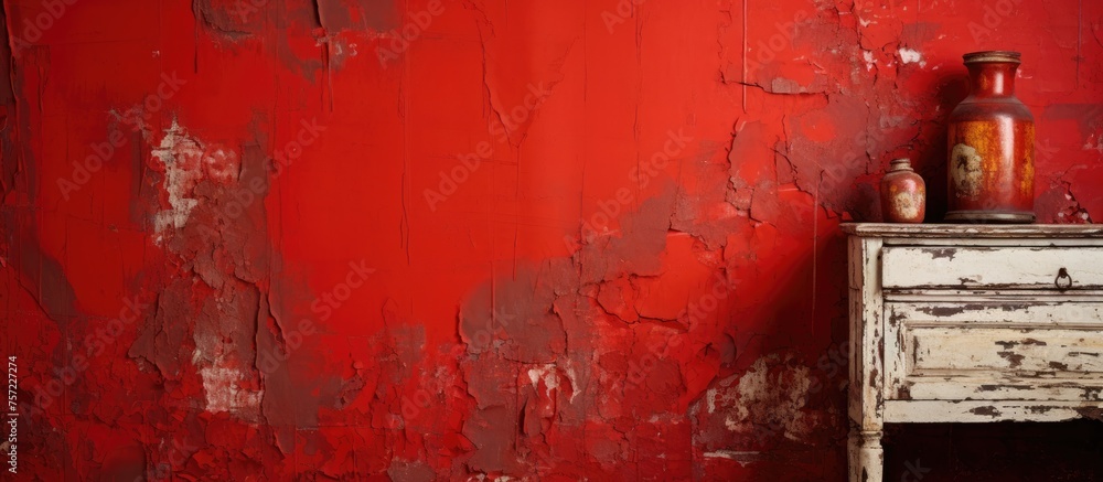 Aufkleber a rectangular white table stands in front of a red wall adorned with a beautiful painting in shades 