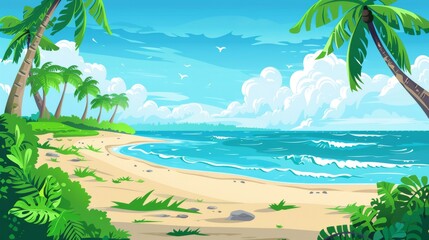 An idyllic summer island landscape with lianas, palm trees, and waves washing the coast. Blue sky with clouds is depicted in the background.
