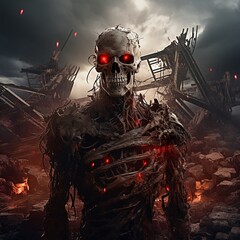 A surreal representation of a skeleton with glowing red eyes against the backdrop of a war-ravaged setting - obrazy, fototapety, plakaty