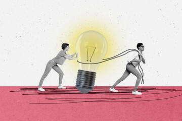 Creative banner collage two women carry lightbulb electrical lamp idea successful plant concept...