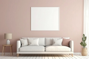 Experience the harmony of a beige and Scandinavian sofa accompanied by a white blank empty frame for copy text, against a soft color wall background.
