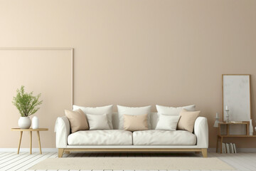 Fototapeta na wymiar Experience the harmony of a beige and Scandinavian sofa accompanied by a white blank empty frame for copy text, against a soft color wall background.