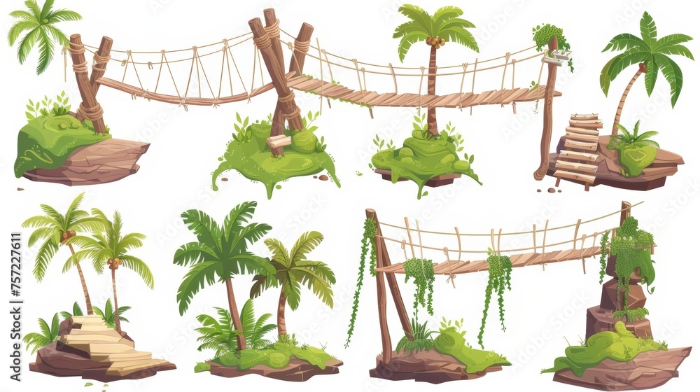 Poster the rope bridges set isolated on a white background features lianas, palm trees, a path between rock