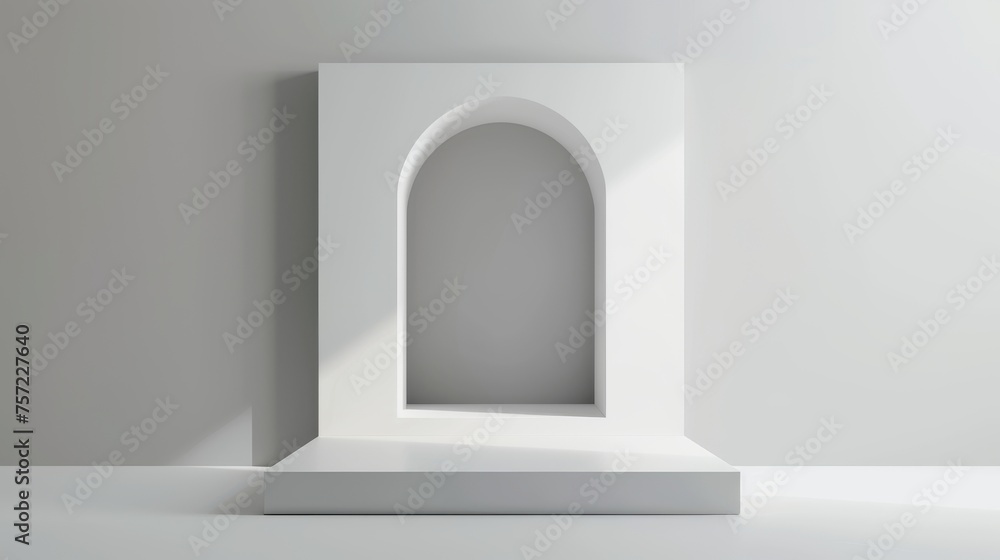 Poster a minimalistic white platform and pedestal of squares and arches for goods display with a window or 