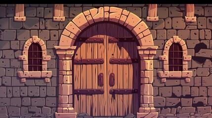 Castle stone wall with wooden doors enclosed in an arch. Old brick pillar with double gate and barbed windows. Cartoon ancient kingdom fortress or temple building entrance.