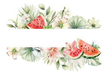 Watercolor tropical bouquet with watermelon, flowers and palm leaves illustration - obrazy, fototapety, plakaty