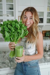 Woman holding spinach and green smoothie.Cheerful blonde woman in casual attire holding a bunch of spinach leaves and a green smoothie