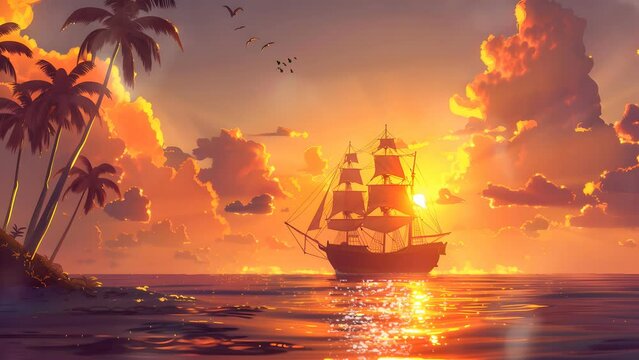  a ship sailing in the ocean at sunset. Seamless Looping 4k Video Animation