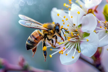 Überlebenskampf: Biene auf der letzten Blume in einer postapokalyptischen, dystopischen Umgebung - obrazy, fototapety, plakaty