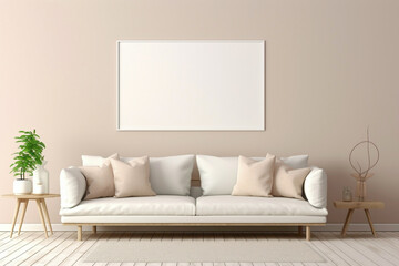 Experience the elegance of a beige and Scandinavian sofa paired with a white blank empty frame for copy text, against a soft color wall background.