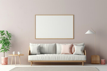 Experience the elegance of a beige and Scandinavian sofa paired with a white blank empty frame for copy text, against a soft color wall background.